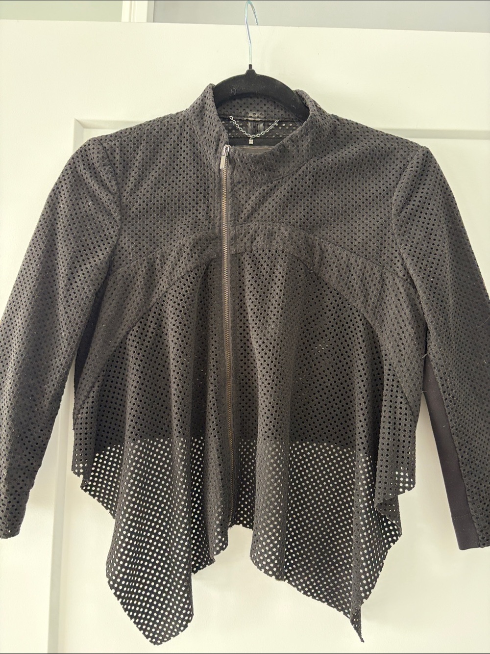 BCBGMaxAzria Black Perforated Asymmetrical Zip Suede Jacket